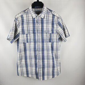 Johnston Murphy Shirt Mens Large Blue Gray Multi Plaid Slim Fit Pearl Snap S/S